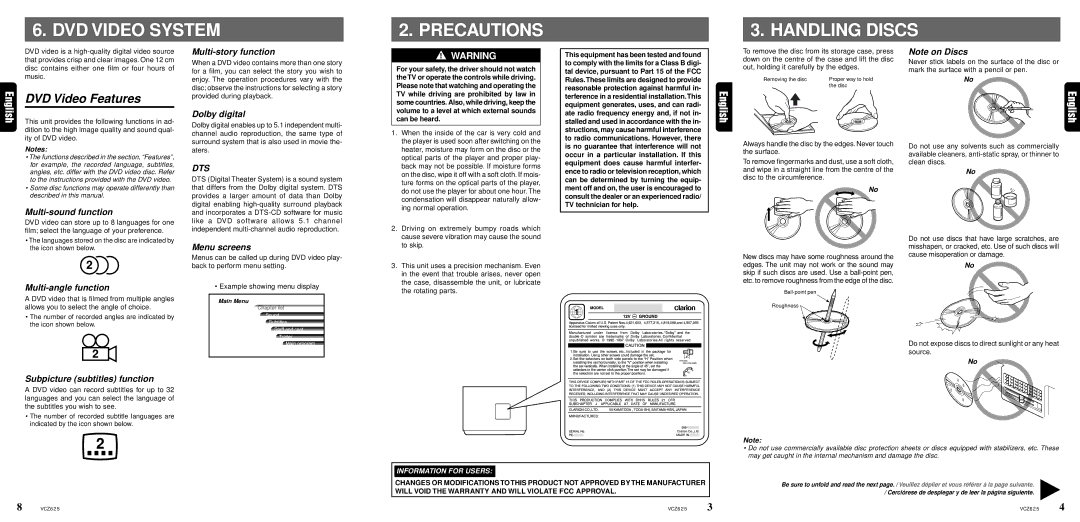 Dolby Laboratories VCZ625 warranty DVD Video System Precautions Handling Discs, DVD Video Features 