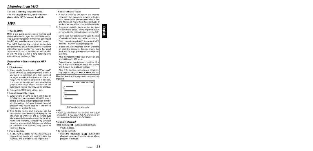 Dolby Laboratories VCZ625 warranty Listening to an MP3, What is MP3?, Precautions when creating an MP3 disc 