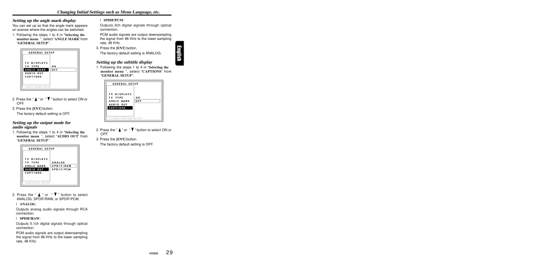 Dolby Laboratories VCZ625 warranty Setting up the output mode for audio signals, Setting up the subtitle display 