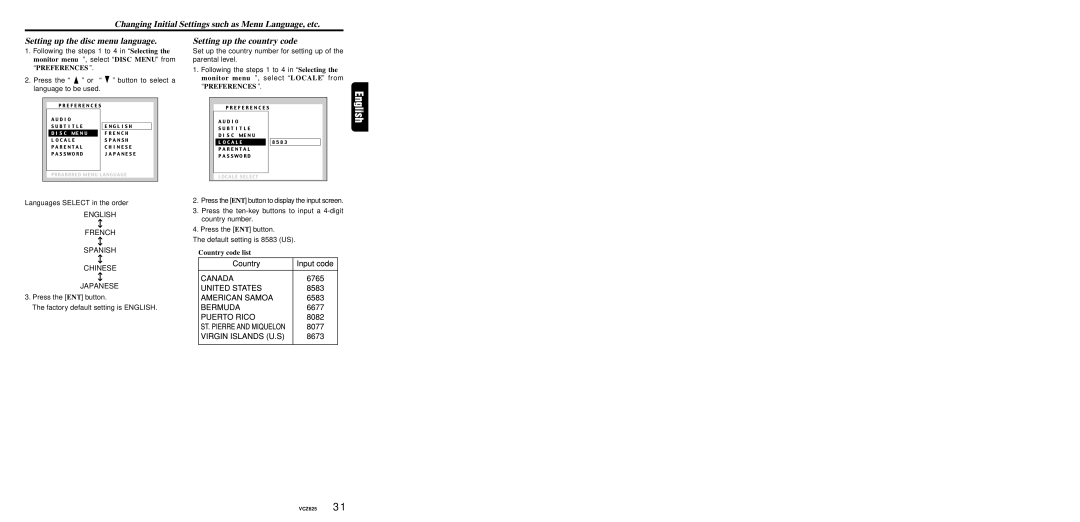 Dolby Laboratories VCZ625 warranty Setting up the country code, Country code list 