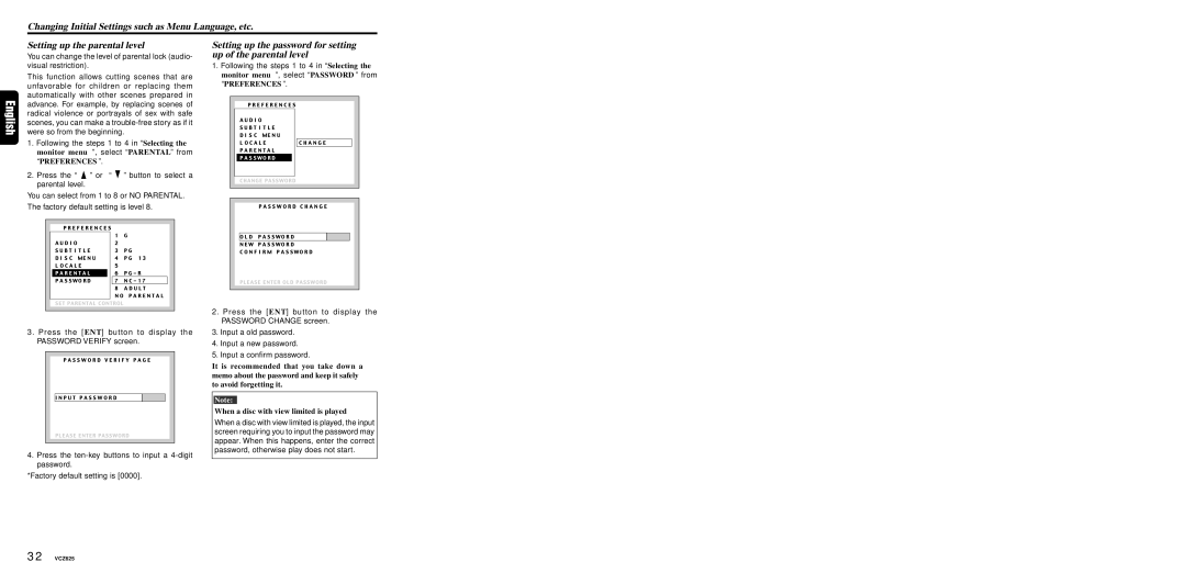 Dolby Laboratories VCZ625 warranty Setting up the password for setting up of the parental level 