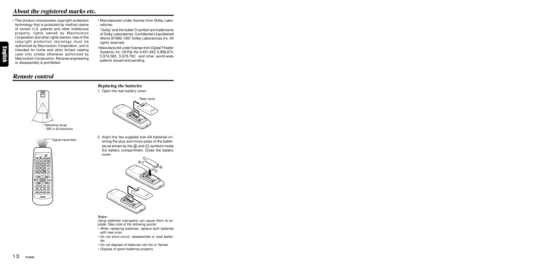 Dolby Laboratories VCZ625 warranty About the registered marks etc, Remote control, Replacing the batteries 