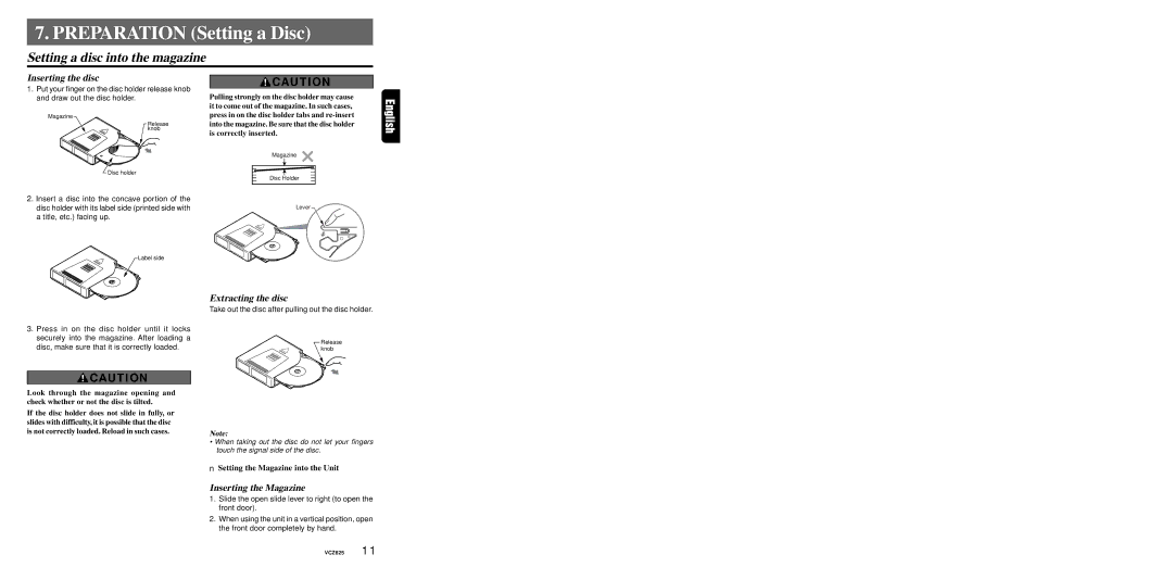 Dolby Laboratories VCZ625 warranty Setting a disc into the magazine, Inserting the disc, Extracting the disc 