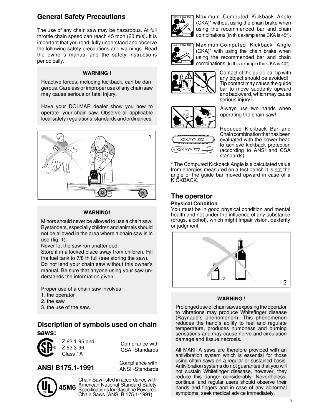 Dolmar Chain Saw General Safety Precautions, Discription of symbols used on chain saws, Ansi B175.1-1991, 45M6, Operator 