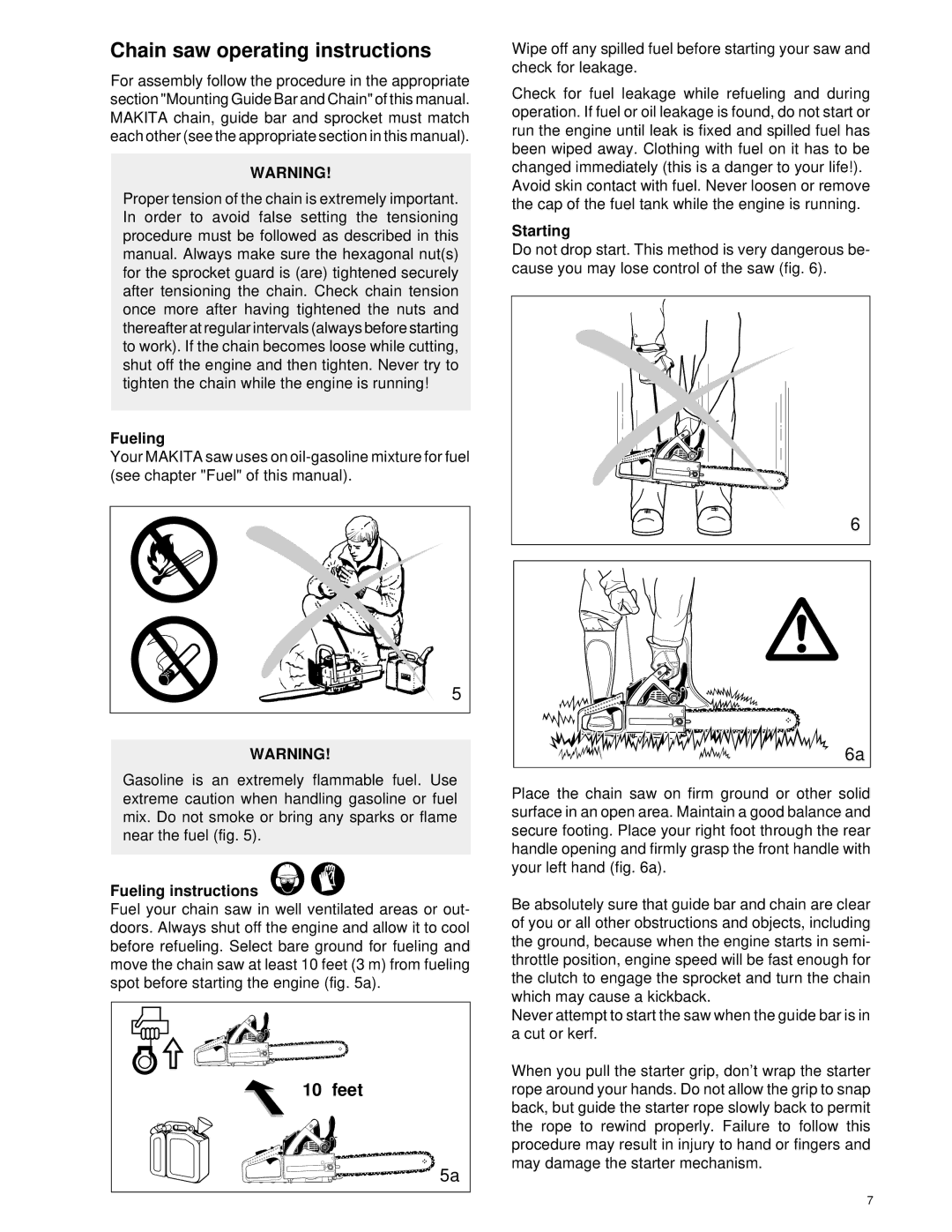 Dolmar Chain Saw manual Chain saw operating instructions, Feet, Fueling instructions, Starting 