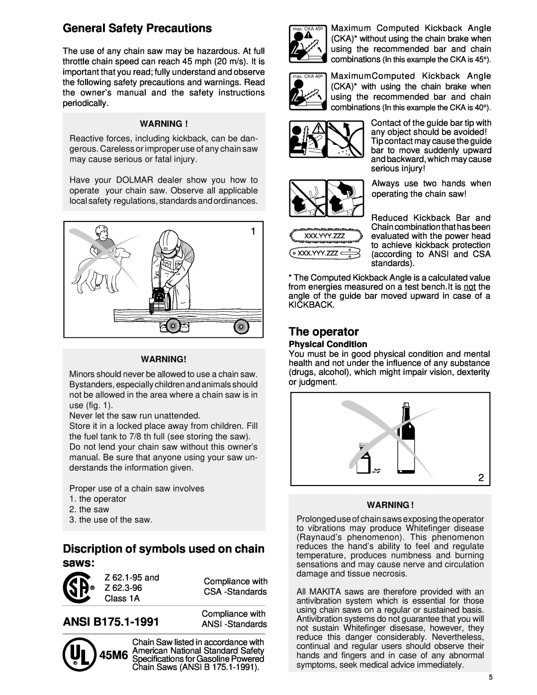 Dolmar Chain Saw manual General Safety Precautions, Discription of symbols used on chain saws, ANSI B175.1-1991, 45M6 