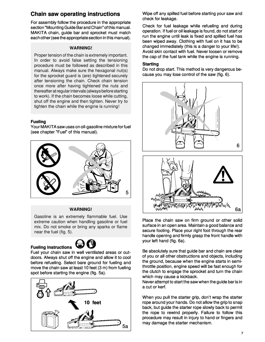Dolmar Chain Saw manual Chain saw operating instructions, feet, Fueling instructions, Starting 