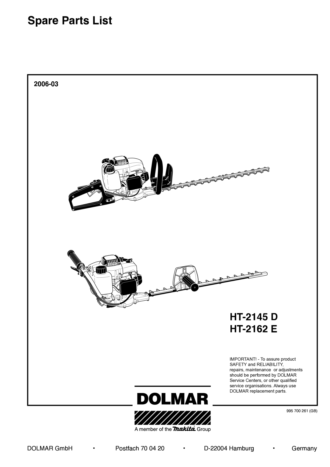 Dolmar HT-2162 E, HT-2145 D manual Spare Parts List 