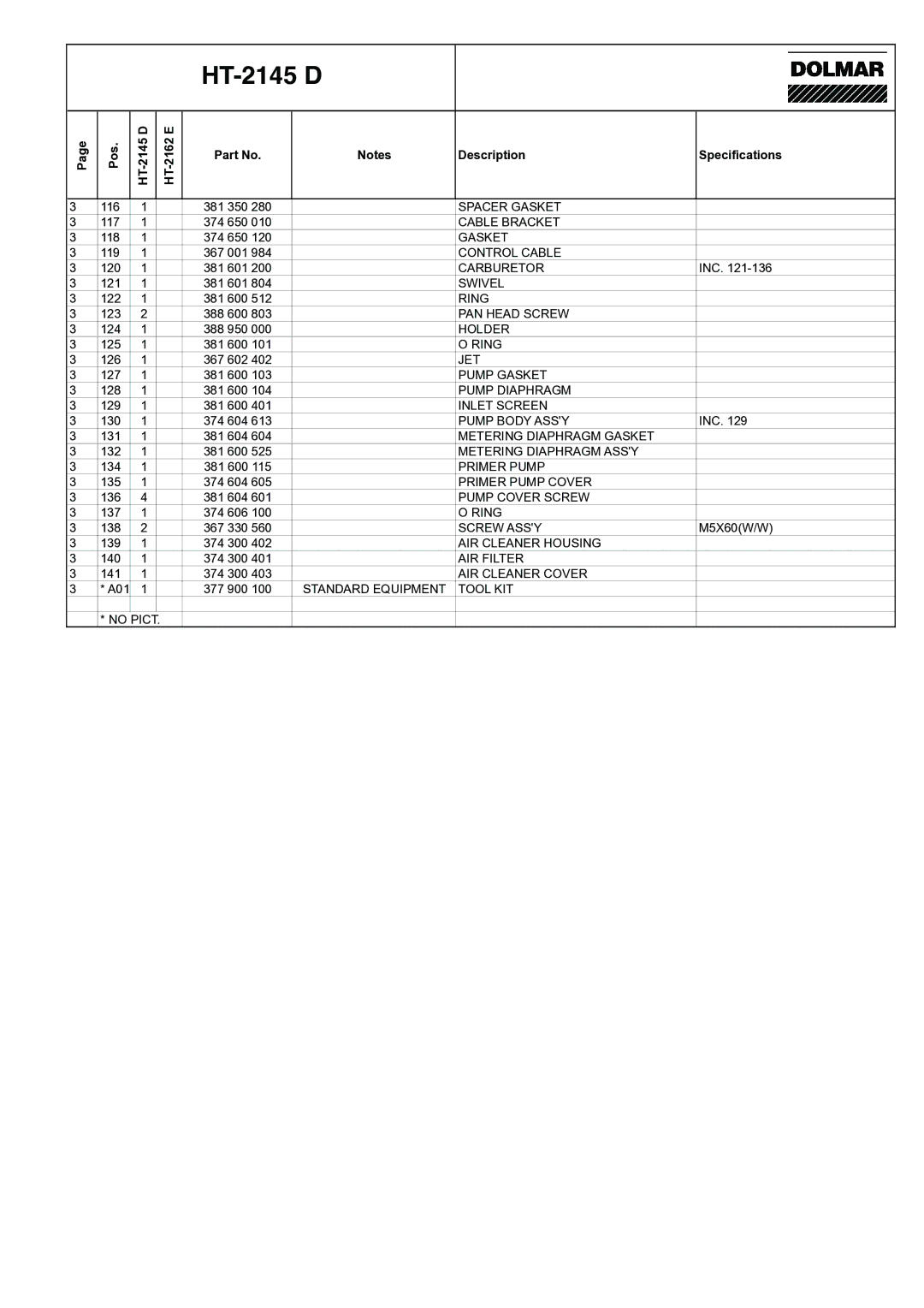 Dolmar HT-2162 E, HT-2145 D manual Spacer Gasket 