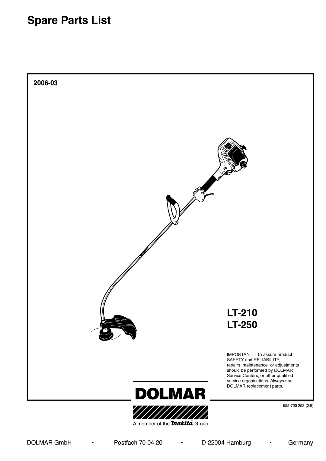 Dolmar LT-250, LT-210 manual Spare Parts List 