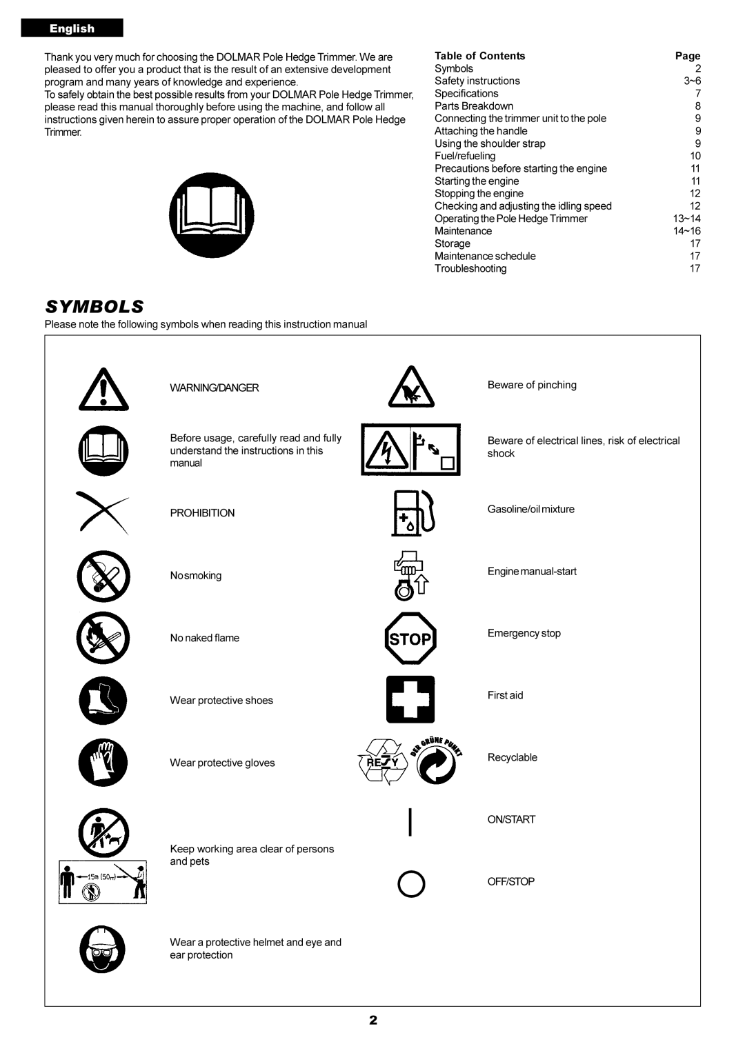 Dolmar MH-2556 instruction manual Symbols, English 