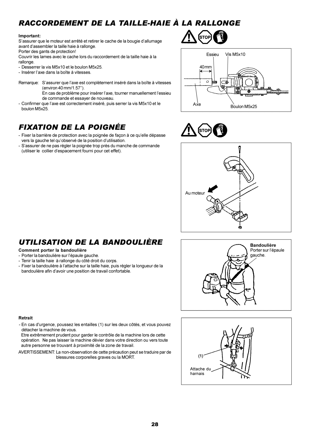 Dolmar MH-2556 Raccordement DE LA TAILLE-HAIE À LA Rallonge, Fixation DE LA Poignée, Utilisation DE LA Bandoulière 