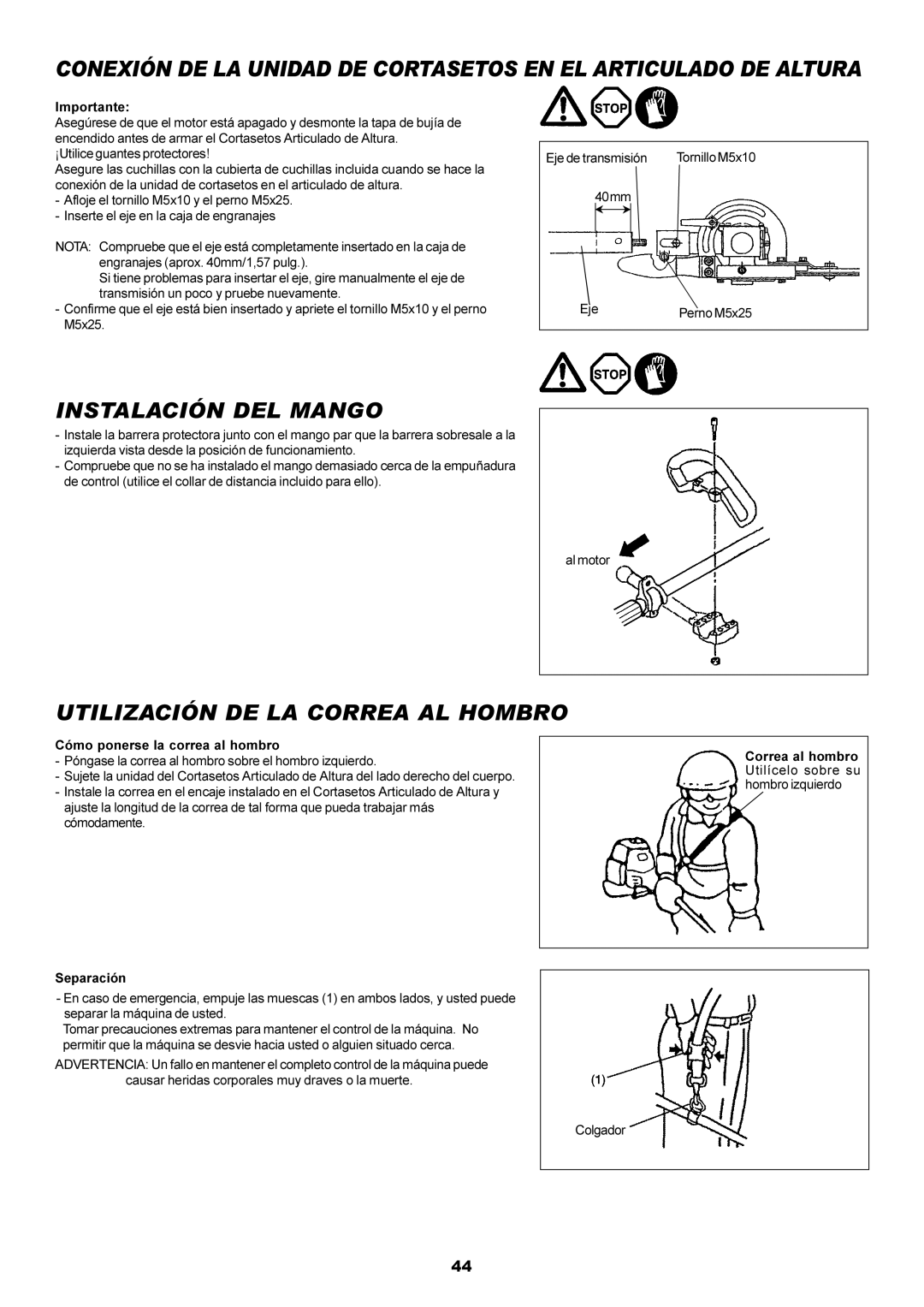 Dolmar MH-2556 instruction manual Instalación DEL Mango, Utilización DE LA Correa AL Hombro 