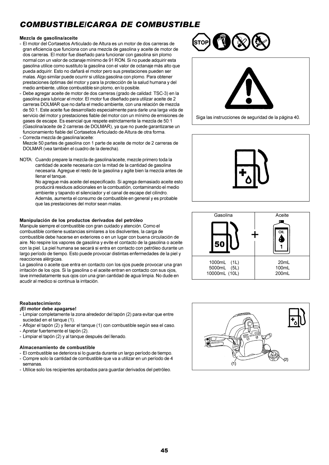 Dolmar MH-2556 instruction manual COMBUSTIBLE/CARGA DE Combustible 