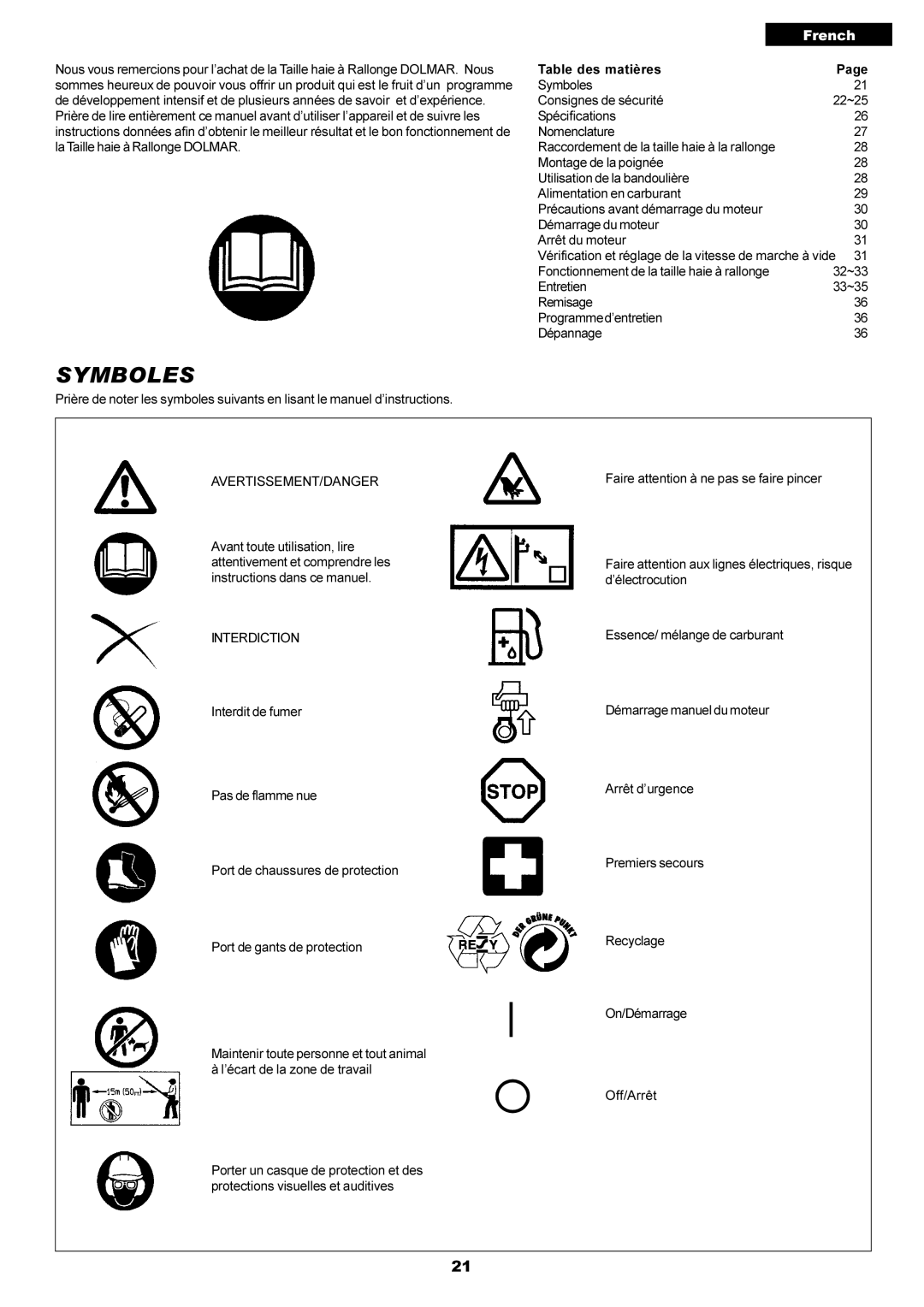 Dolmar MH-2556 instruction manual Symboles, French 