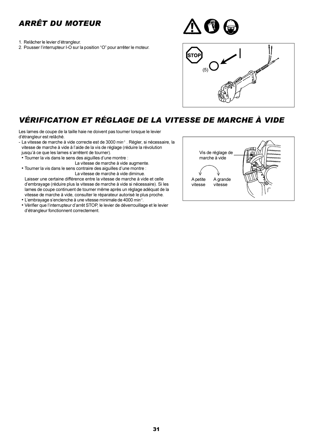 Dolmar MH-2556 instruction manual Arrêt DU Moteur, Vérification ET Réglage DE LA Vitesse DE Marche À Vide 