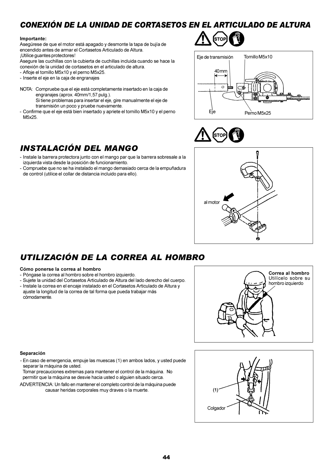 Dolmar MH-2556 instruction manual Instalación DEL Mango, Utilización DE LA Correa AL Hombro 