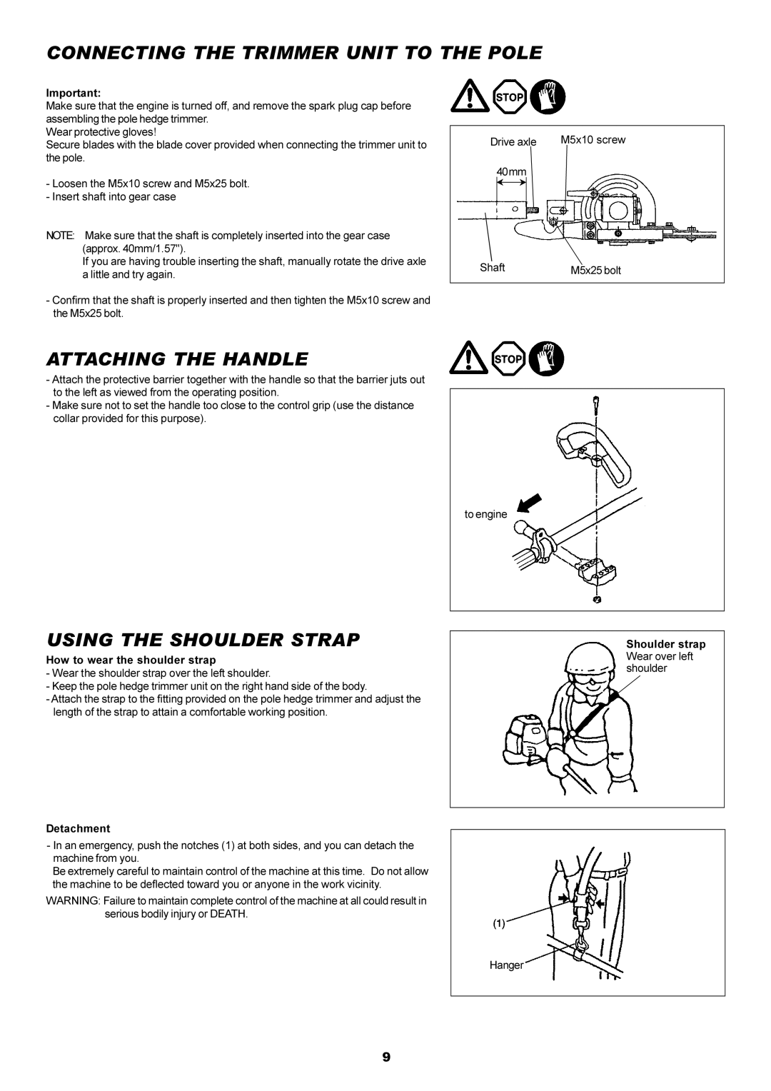 Dolmar MH-2556 instruction manual Connecting the Trimmer Unit to the Pole, Attaching the Handle, Using the Shoulder Strap 