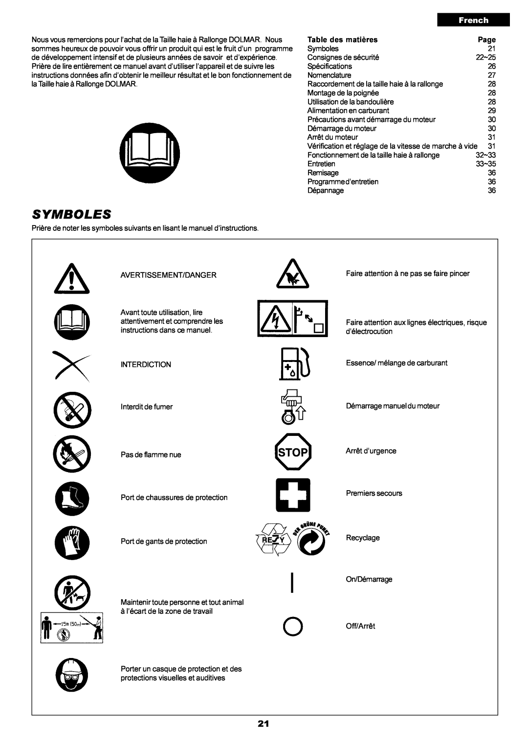 Dolmar MH-2556 instruction manual Symboles, French 