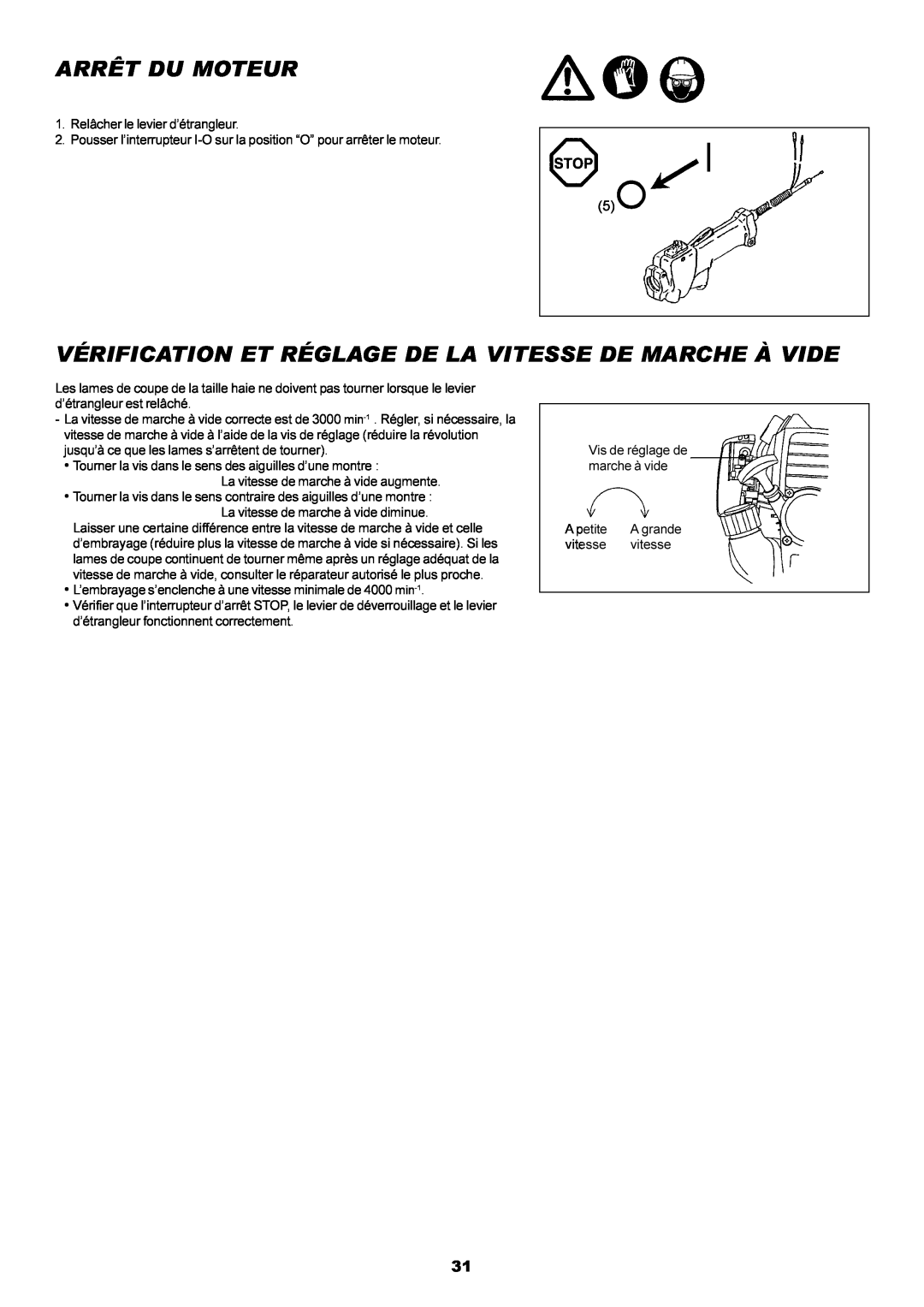 Dolmar MH-2556 instruction manual Arrêt Du Moteur, Vérification Et Réglage De La Vitesse De Marche À Vide, A grande 