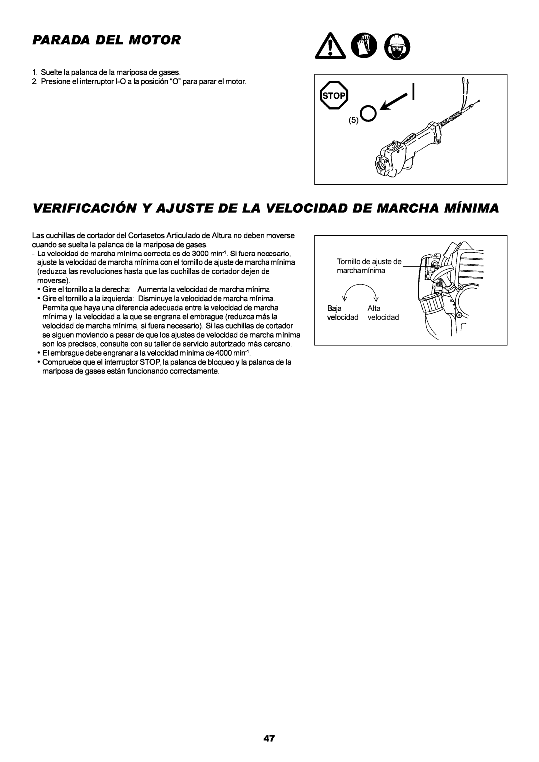 Dolmar MH-2556 instruction manual Parada Del Motor, Verificación Y Ajuste De La Velocidad De Marcha Mínima 