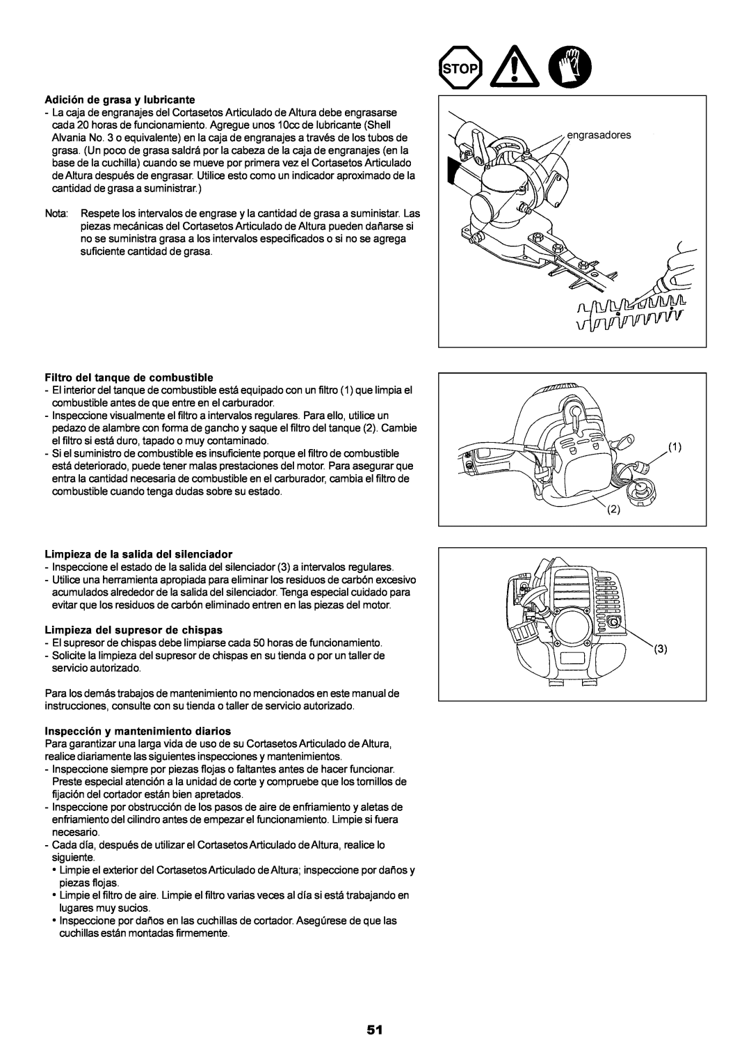 Dolmar MH-2556 Adición de grasa y lubricante, Filtro del tanque de combustible, Limpieza de la salida del silenciador 