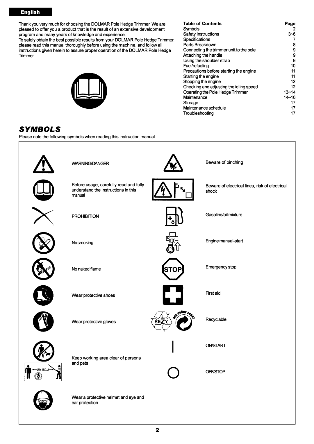 Dolmar MH-2556 instruction manual Symbols, English 