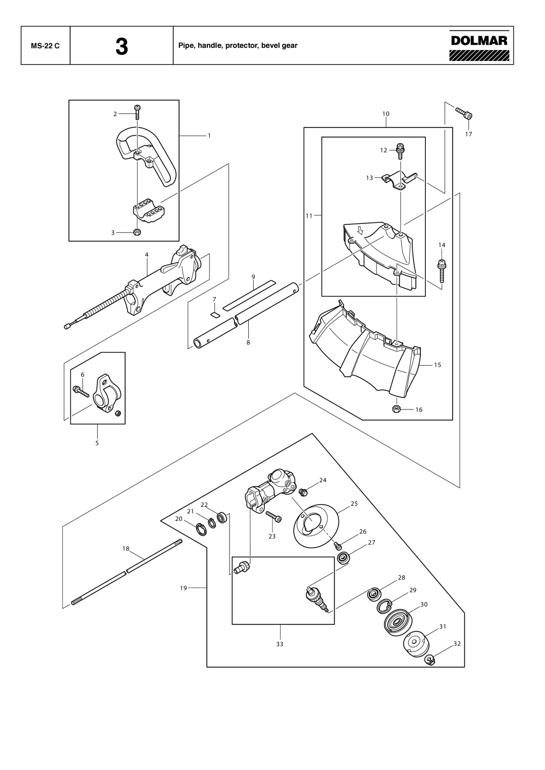 Dolmar MS-20 C manual MS-22 C Pipe, handle, protector, bevel gear 