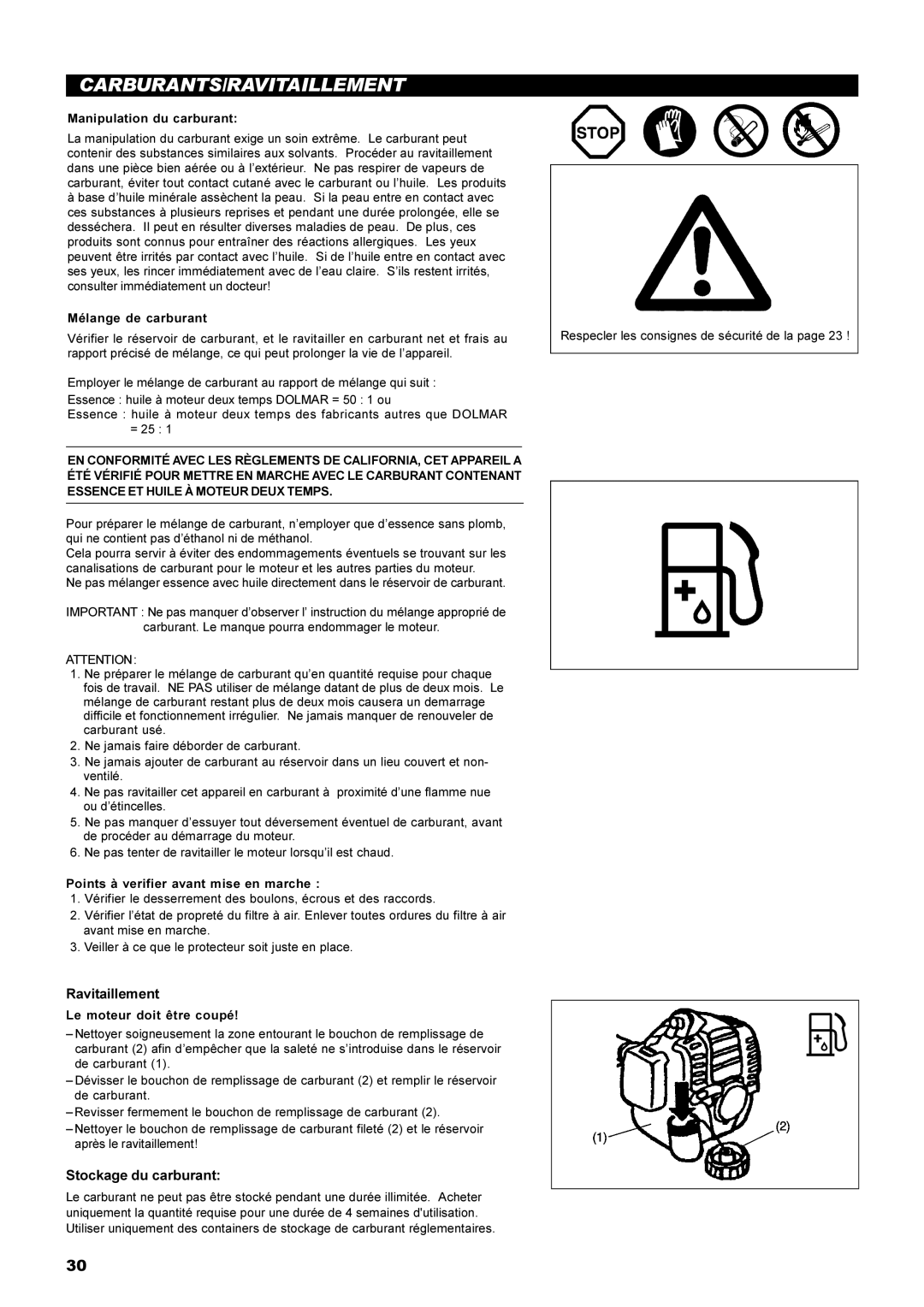 Dolmar MS-22C instruction manual Carburants/Ravitaillement, Stockage du carburant 