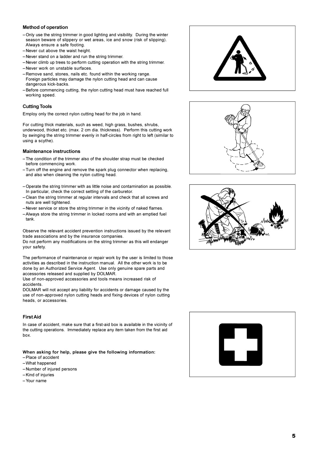 Dolmar MS-22C instruction manual Method of operation, Cutting Tools, Maintenance instructions, First Aid 