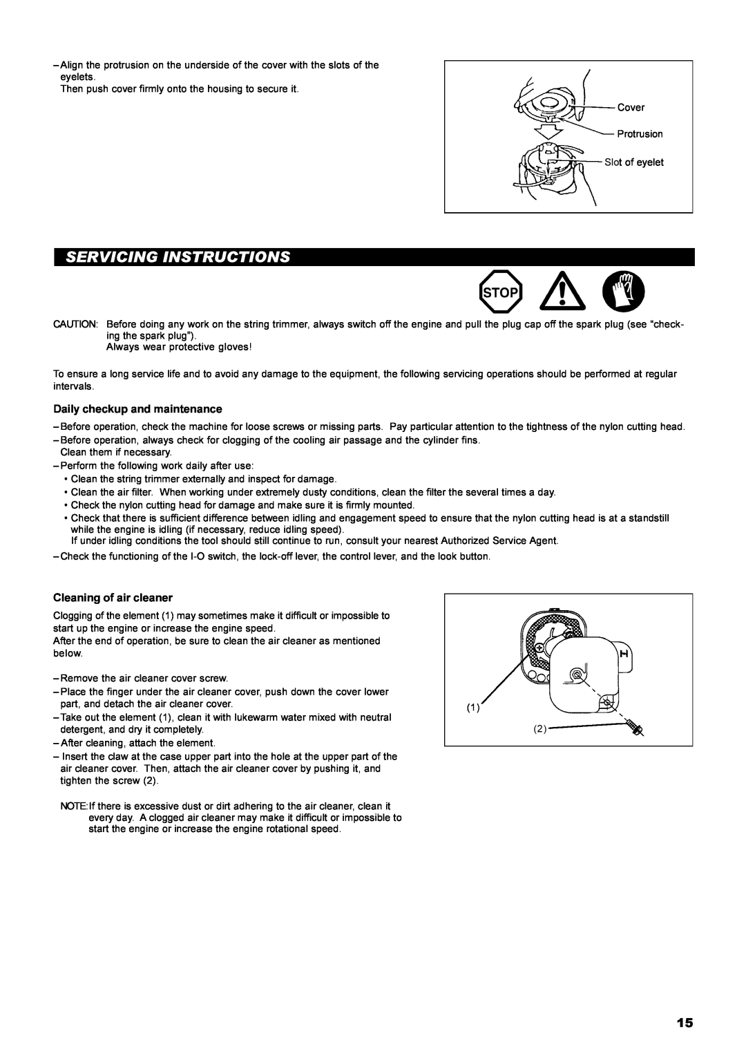 Dolmar MS-22C instruction manual Servicing Instructions, Daily checkup and maintenance, Cleaning of air cleaner 