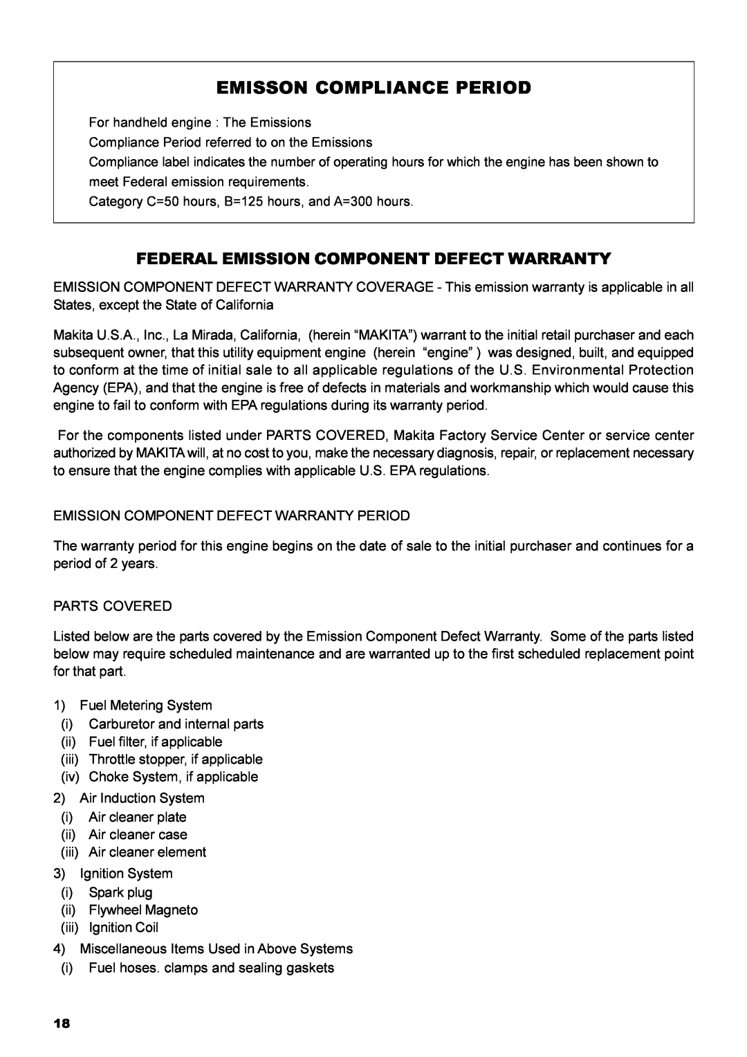 Dolmar MS-22C instruction manual Emisson Compliance Period, Federal Emission Component Defect Warranty 