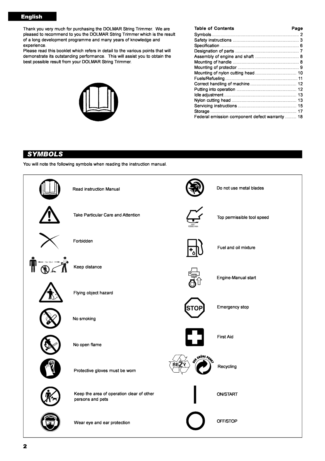 Dolmar MS-22C instruction manual Symbols, English 