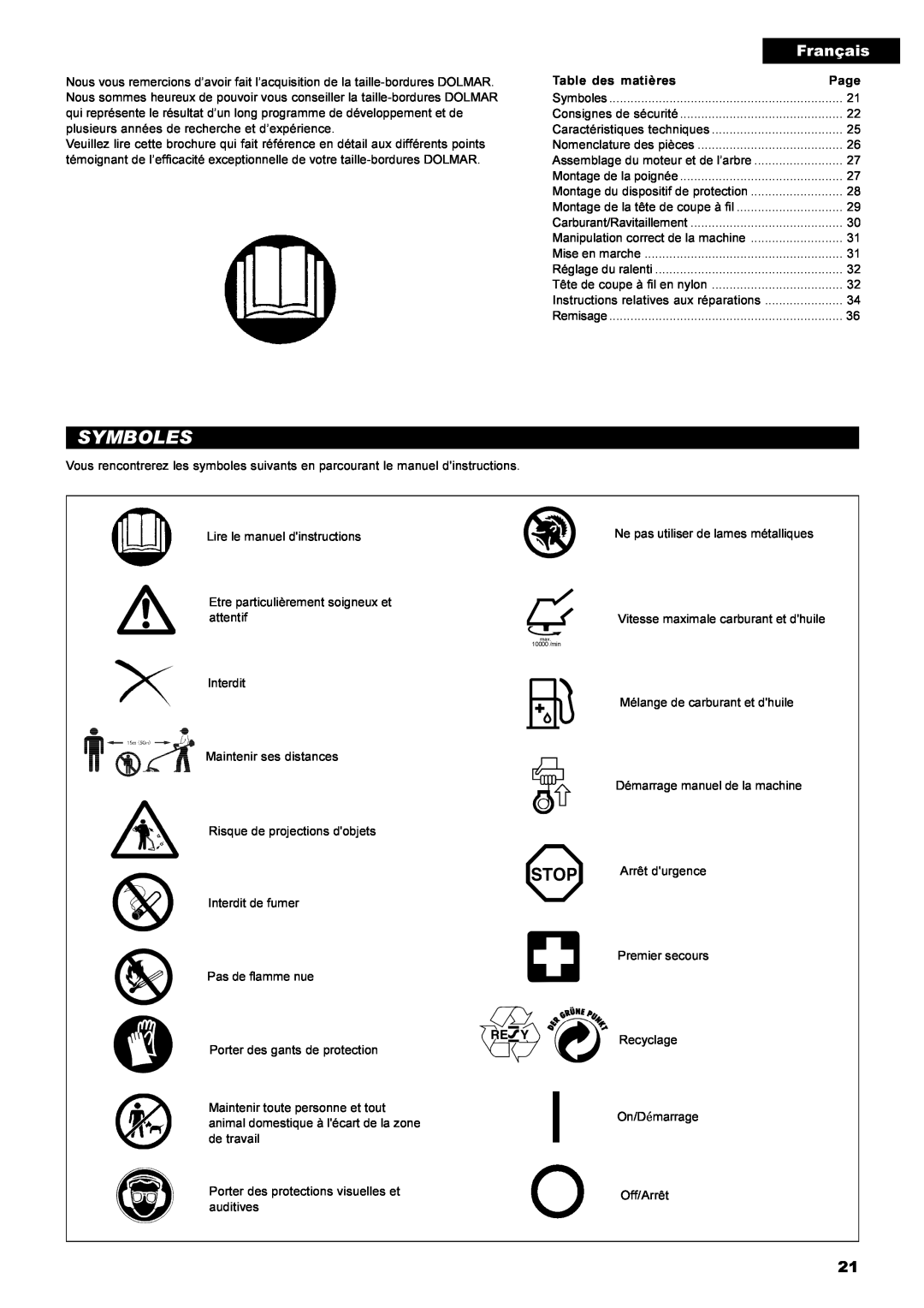 Dolmar MS-22C instruction manual Symboles, Français 