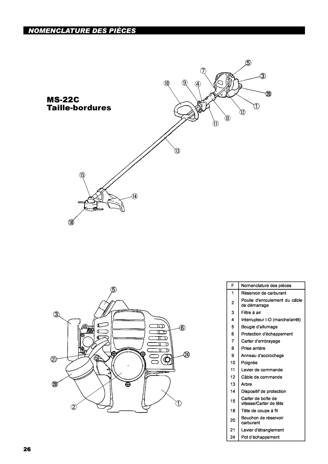 Dolmar instruction manual MS-22C Taille-bordures, Nomenclature Des Pièces, ⑤ ⑦ ③ ⑩ ⑨ ④ ⑳ ① ⑫ ⑧ ⑪ ⑬, ⑮ ⑭ ⑱ 