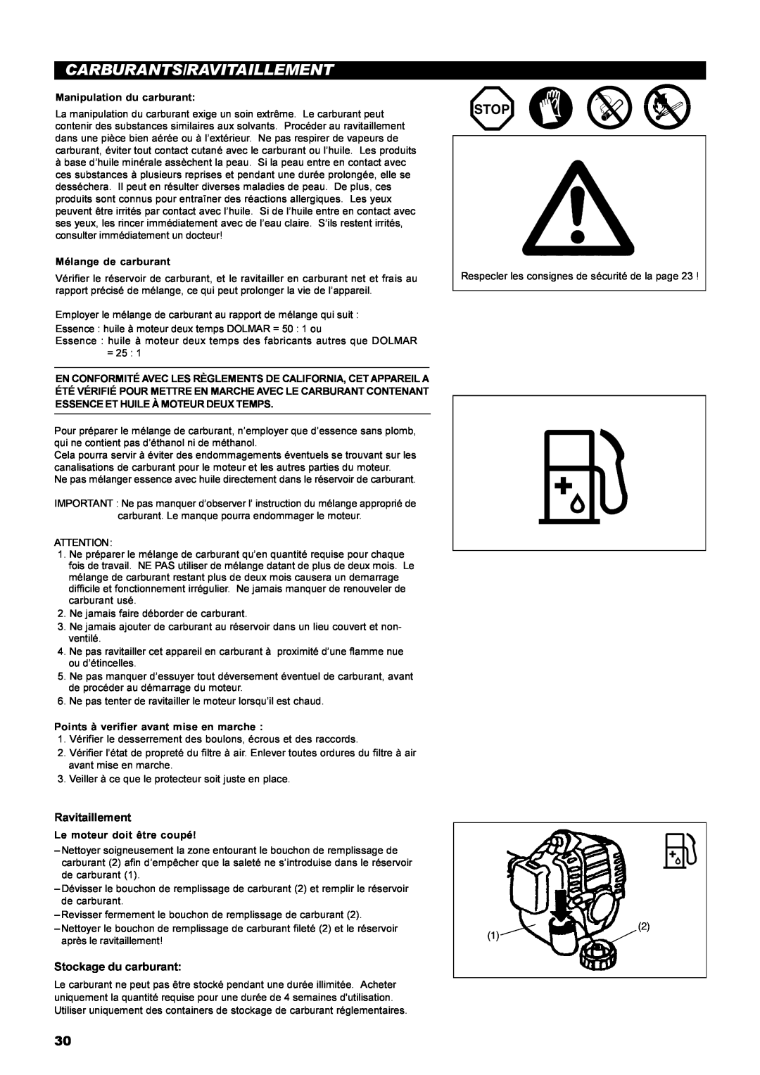 Dolmar MS-22C instruction manual Carburants/Ravitaillement, Stockage du carburant 