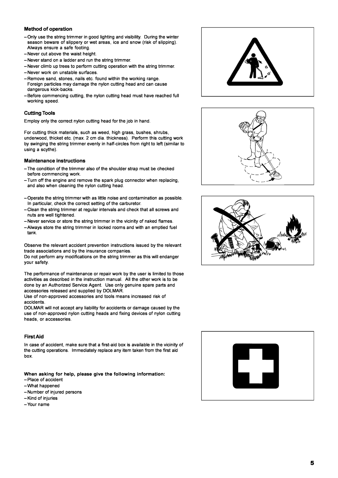 Dolmar MS-22C instruction manual Method of operation, Cutting Tools, Maintenance instructions, First Aid 