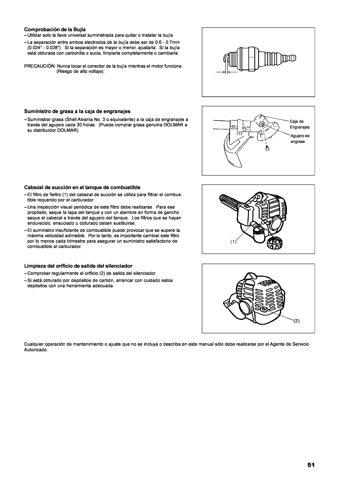 Dolmar MS-22C instruction manual Comprobación de la Bujía, Suministro de grasa a la caja de engranajes 