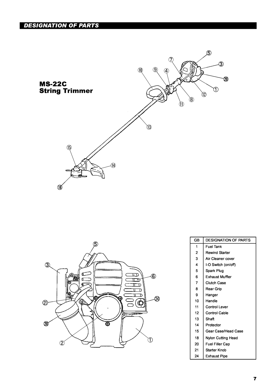Dolmar instruction manual MS-22C String Trimmer, Designation Of Parts, ⑤ ⑦ ③ ⑩ ⑨ ④ ⑳ ① ⑫ ⑧ ⑪ ⑬, ⑮ ⑭ ⑱ 