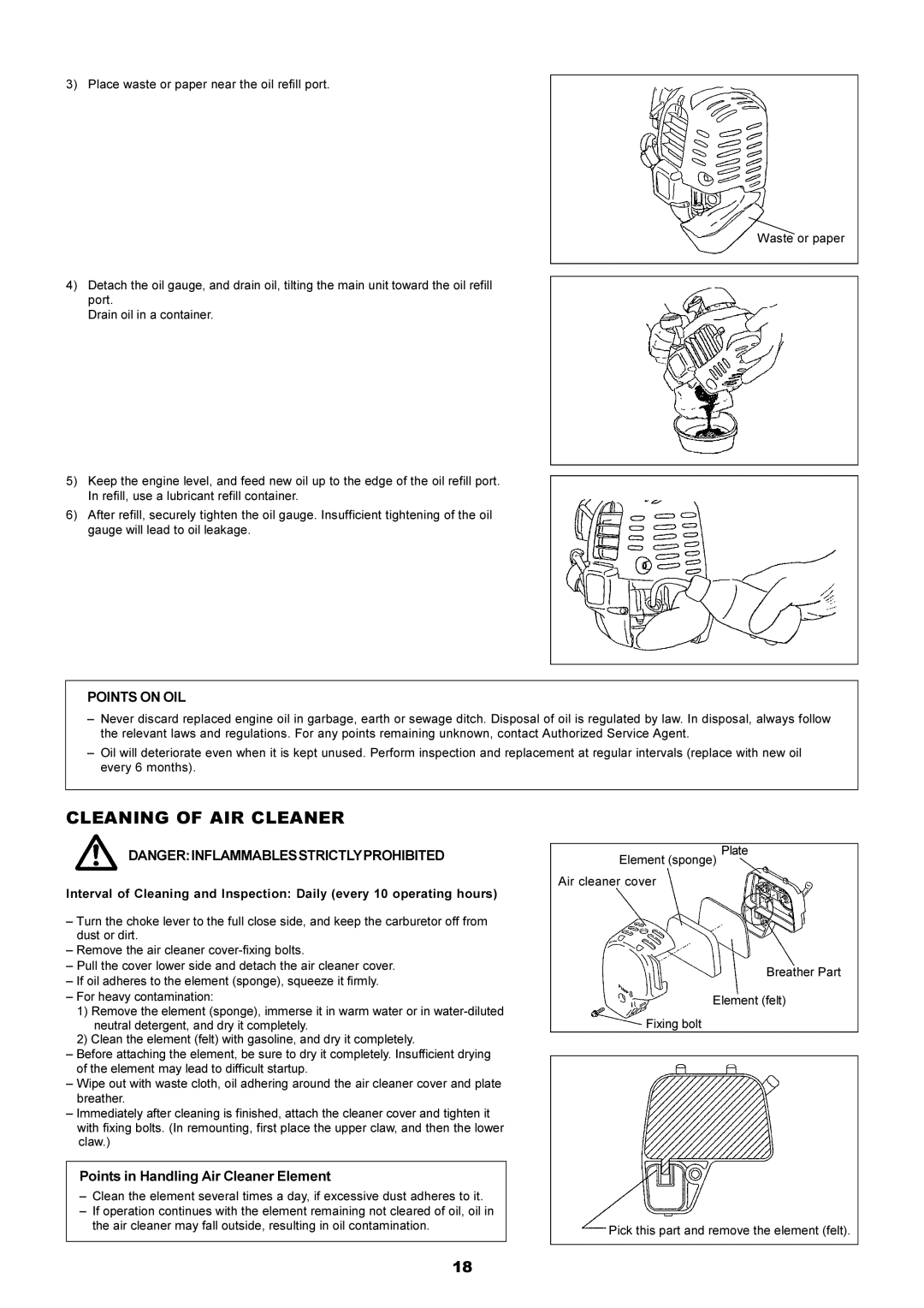 Dolmar MS-251.4, MS-250.4 instruction manual Cleaning of AIR Cleaner, Points on OIL, Points in Handling Air Cleaner Element 