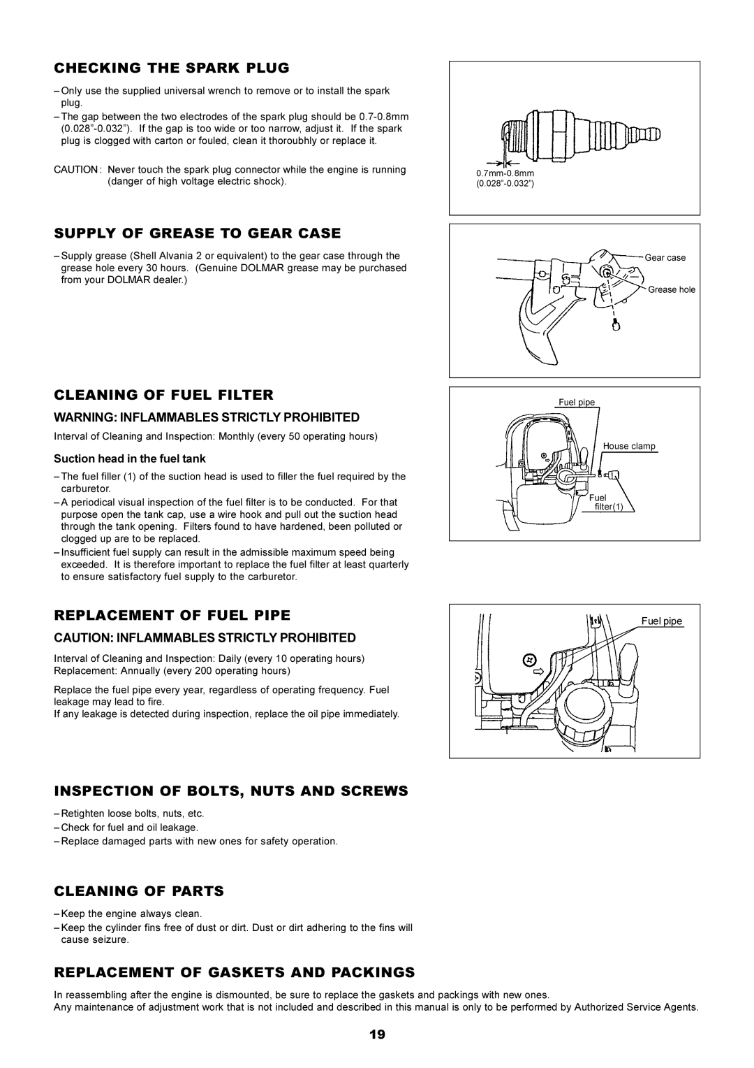 Dolmar MS-250.4 Checking the Spark Plug, Supply of Grease to Gear Case, Cleaning of Fuel Filter, Replacement of Fuel Pipe 