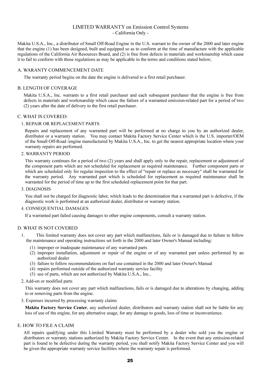 Dolmar MS-250.4 Waranty Commencement Date, Length of Coverage, What is Covered, What is not Covered, HOW to File a Claim 