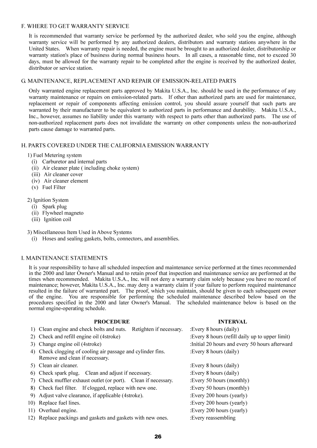 Dolmar MS-251.4, MS-250.4 Where to GET Warranty Service, Parts Covered Under the California Emission Warranty 