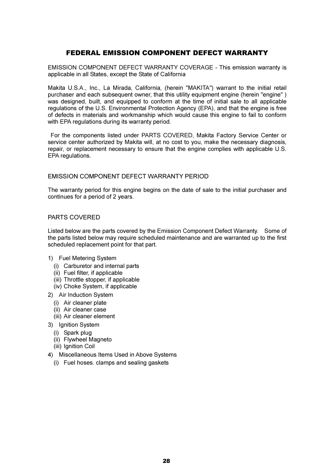 Dolmar MS-251.4, MS-250.4 instruction manual Emission Component Defect Warranty Period, Parts Covered 