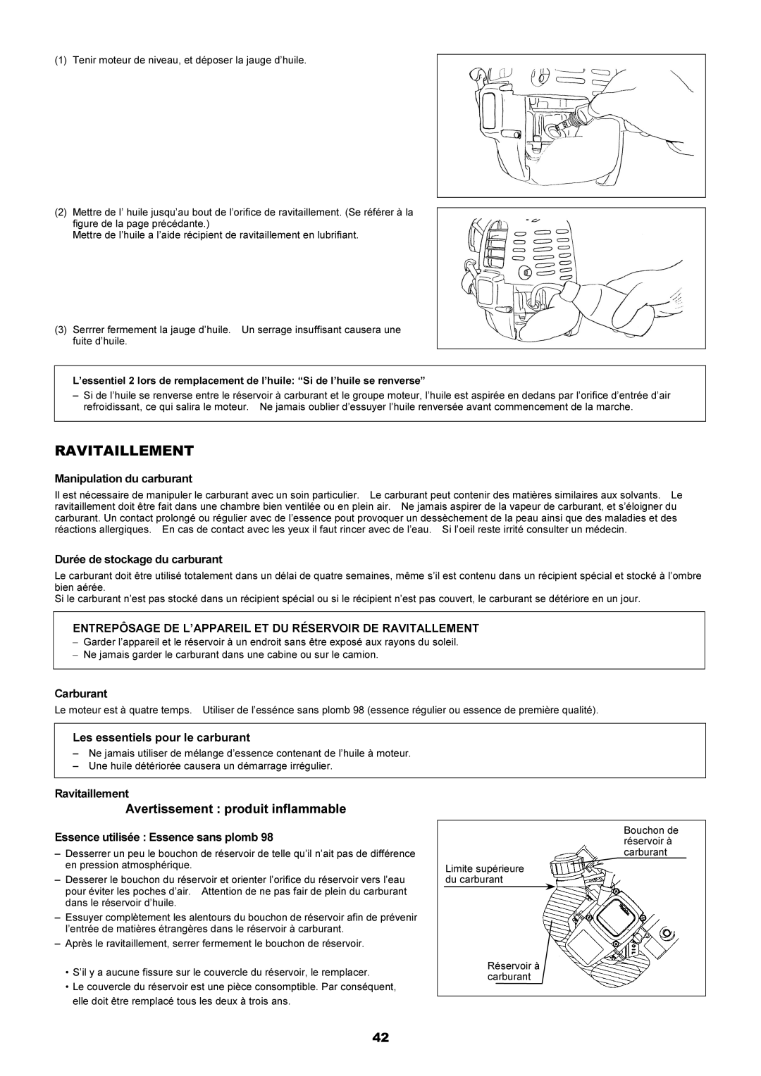 Dolmar MS-251.4, MS-250.4 instruction manual Ravitaillement, Entrepôsage DE L’APPAREIL ET DU Réservoir DE Ravitallement 