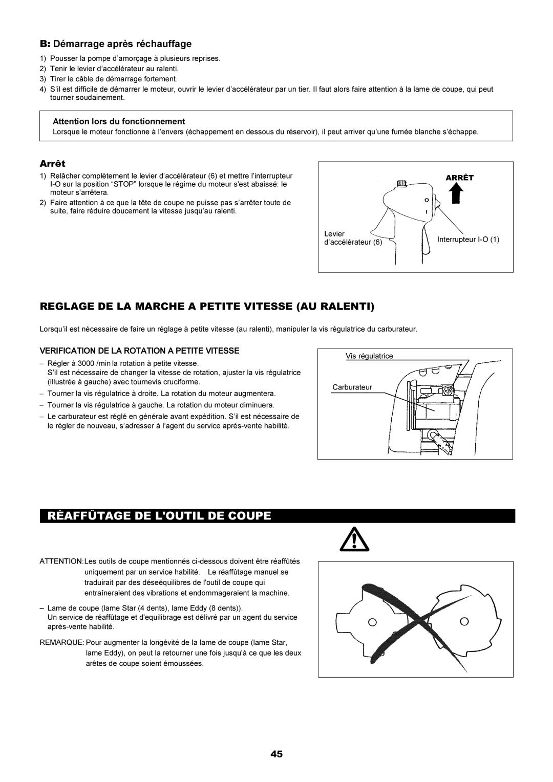 Dolmar MS-250.4, MS-251.4 instruction manual Réaffûtage DE Loutil DE Coupe, Reglage DE LA Marche a Petite Vitesse AU Ralenti 