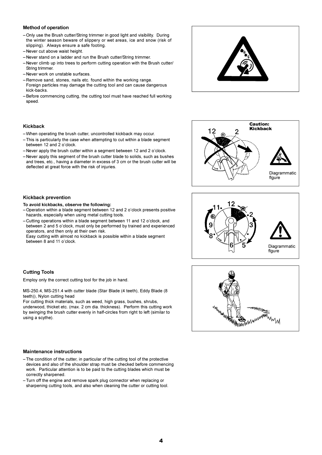 Dolmar MS-251.4, MS-250.4 Method of operation, Kickback prevention, Cutting Tools, Maintenance instructions 