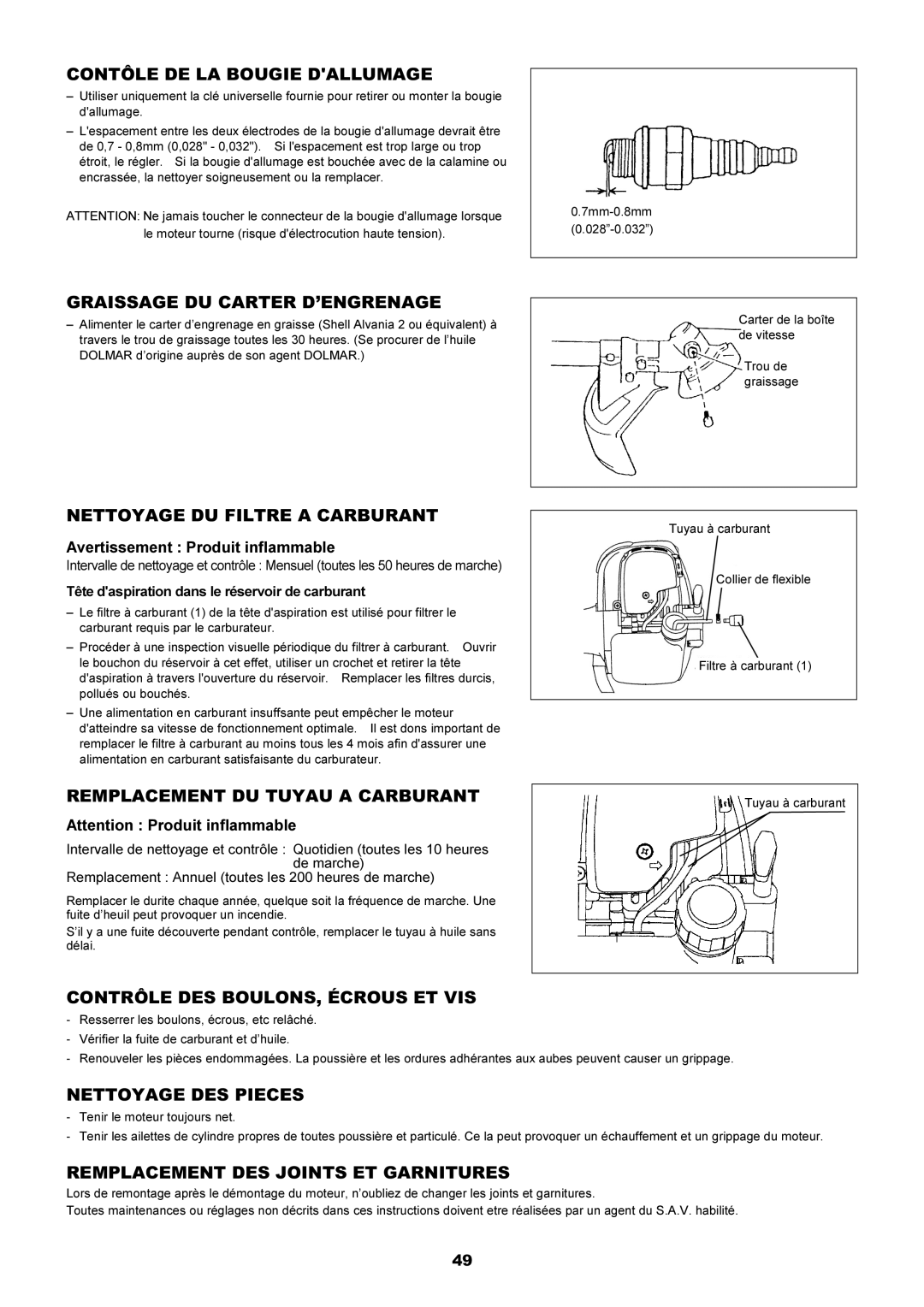 Dolmar MS-250.4, MS-251.4 Contôle DE LA Bougie Dallumage, Graissage DU Carter D’ENGRENAGE, Nettoyage DU Filtre a Carburant 