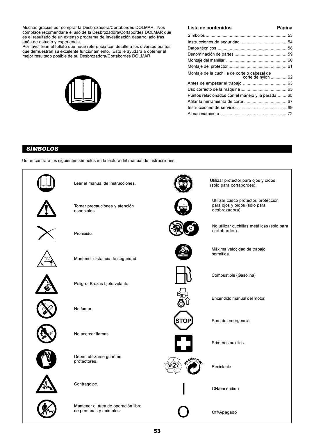 Dolmar MS-250.4, MS-251.4 instruction manual Símbolos, Lista de contenidos Página 