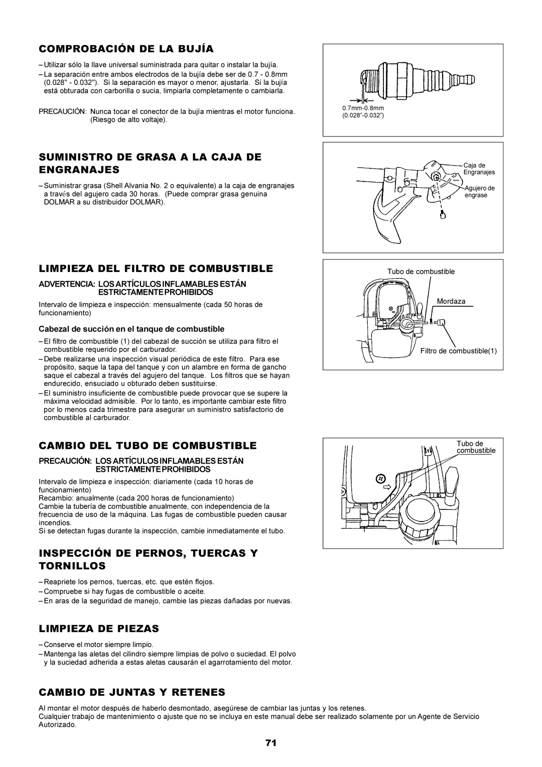 Dolmar MS-250.4 Comprobación DE LA Bujía, Suministro DE Grasa a LA Caja DE Engranajes, Limpieza DEL Filtro DE Combustible 